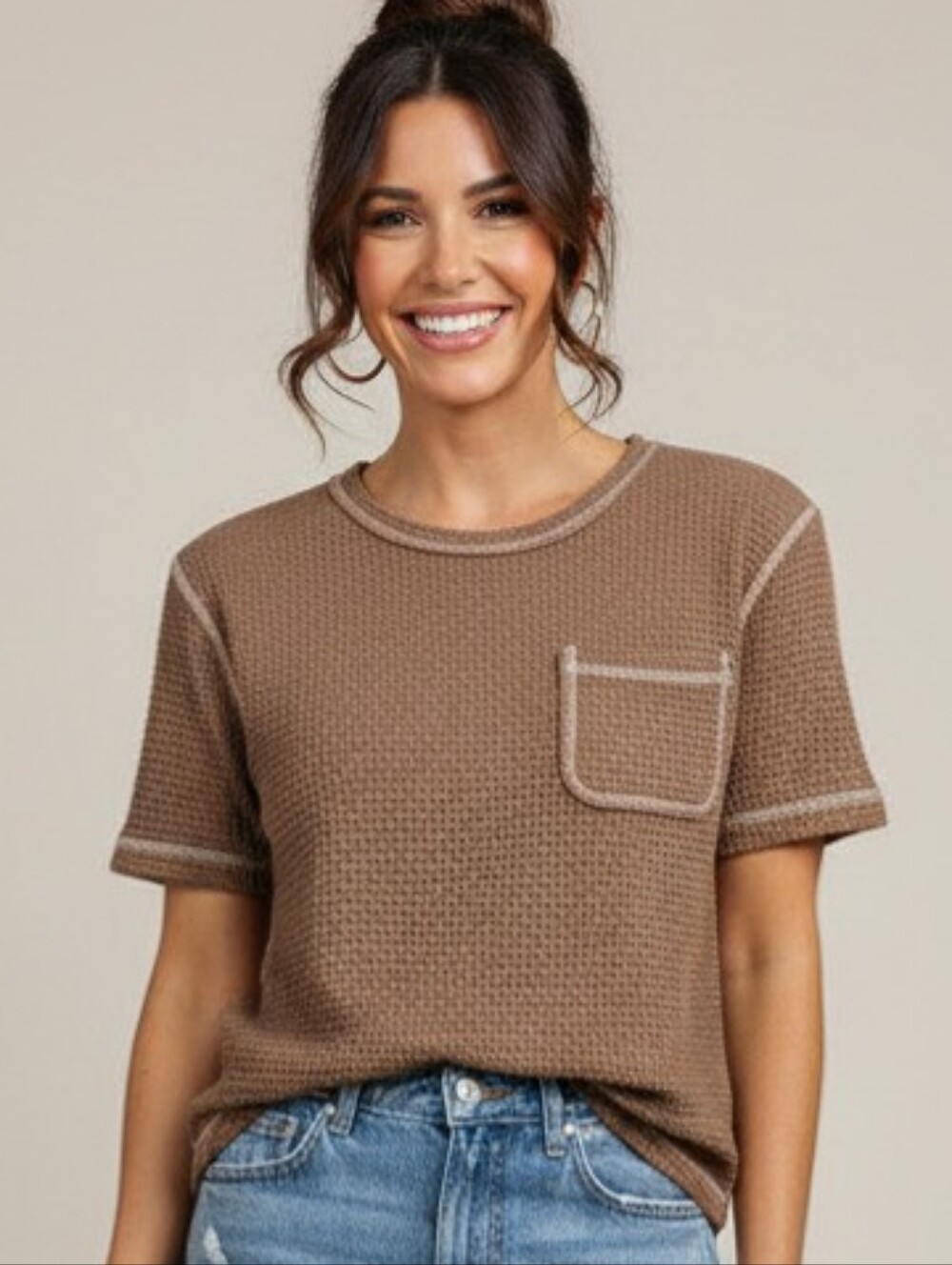 SHEIN Brown Waffle-Knit Short Sleeve Tee with Contrast Trim